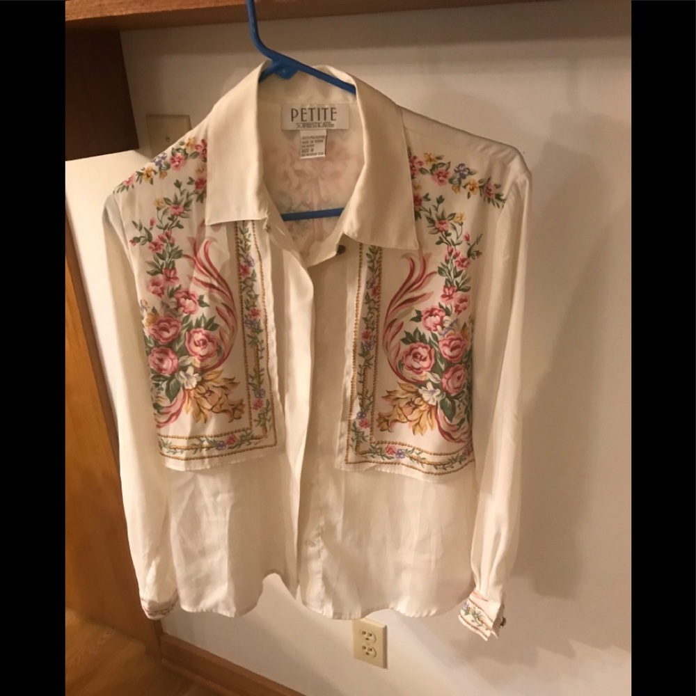 Petite Floral Embroidered Cream Button-Up Blouse
